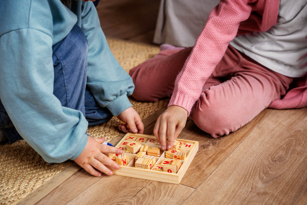 Kids playing with wooden board games