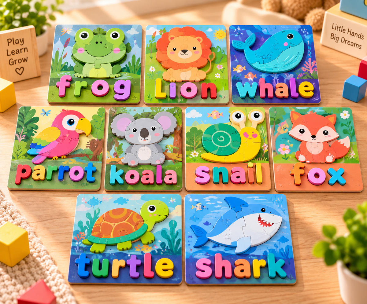 Kids Wooden Animal & Word Learning Puzzle Set – Colorful Educational Matching & Early Learning Toy