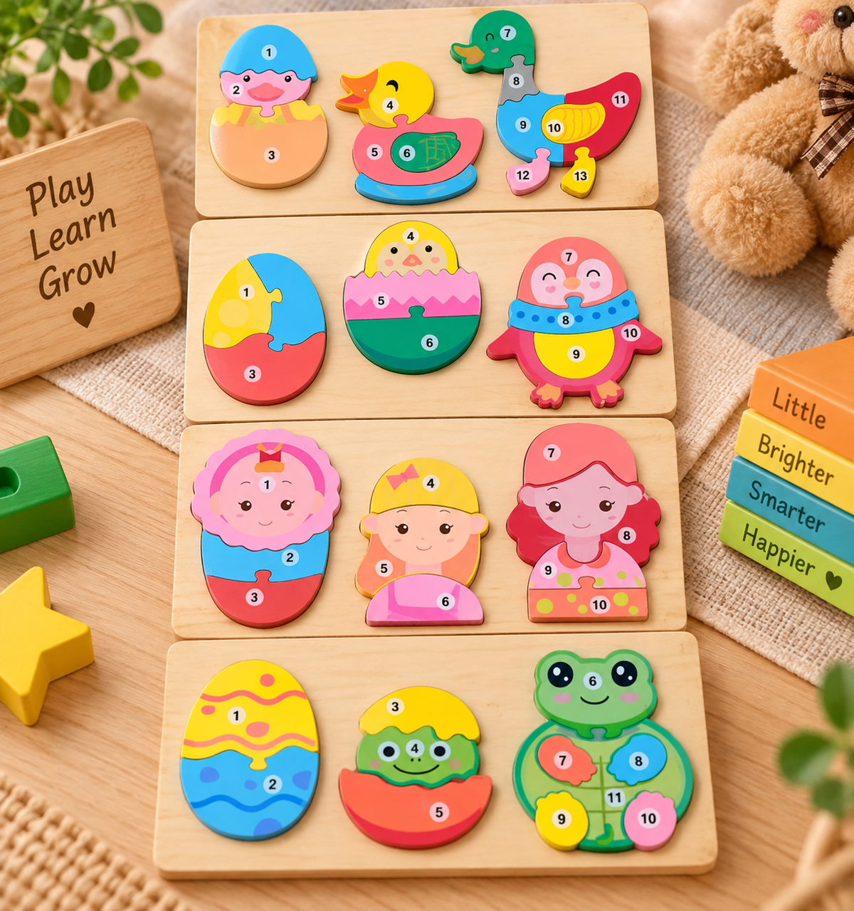 Wooden Number Learning Puzzle Board Set for Kids – Colourful Animals, Birds & Character Educational Jigsaw Puzzle