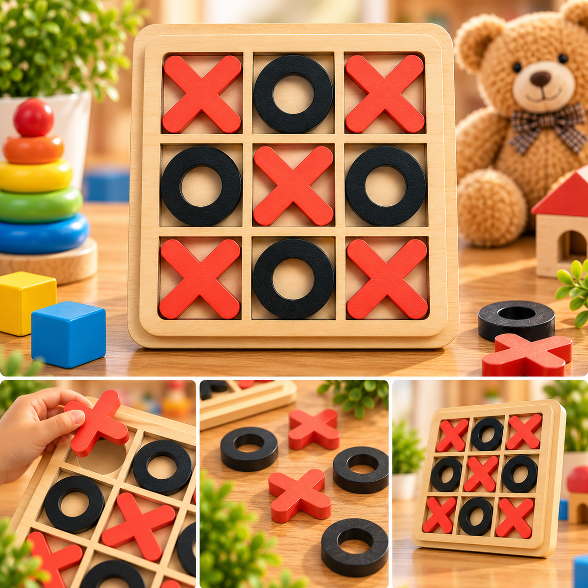 Wooden Tic Tac Toe X & O Strategy Game for Kids – Educational Brain Teaser & Family Board Game