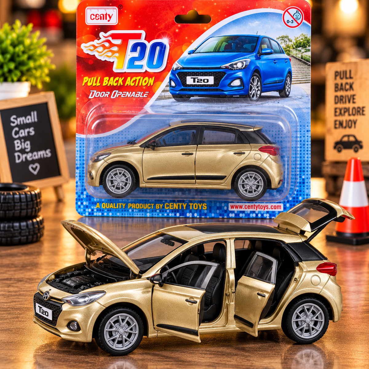Centy T20 Pull Back Toy Car with Openable Doors – Realistic Miniature Hatchback Car for Kids | Gold