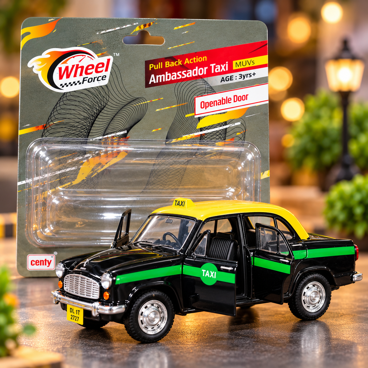Centy Wheel Force Ambassador Taxi Toy Car – Pull Back Action with Openable Doors | Classic Black & Yellow Vintage Taxi Model for Kids | 3 Years+