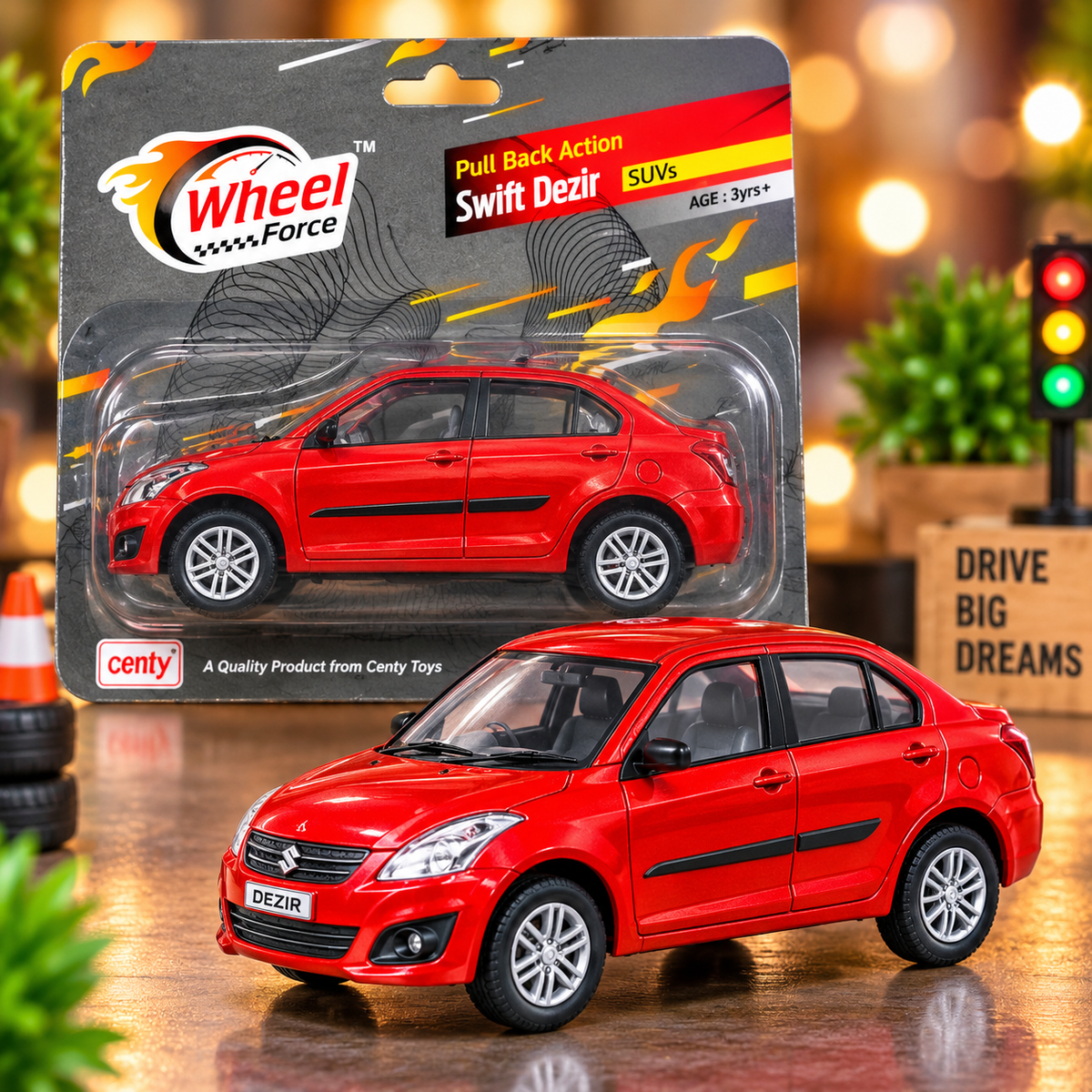 Centy Wheel Force Swift Dezir Toy Car – Red Pull Back Action Miniature Sedan Car for Kids | Realistic Toy Vehicle | Age 3+ Years