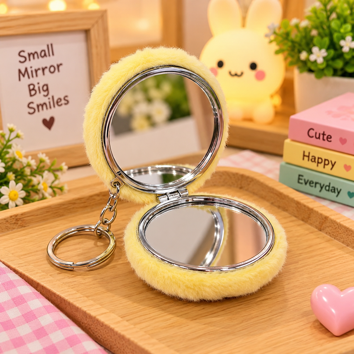 Cute Fluffy Mini Mirror Keychain β Kawaii Cartoon & Fruit Design Plush Bag Charm for Girls & Kids