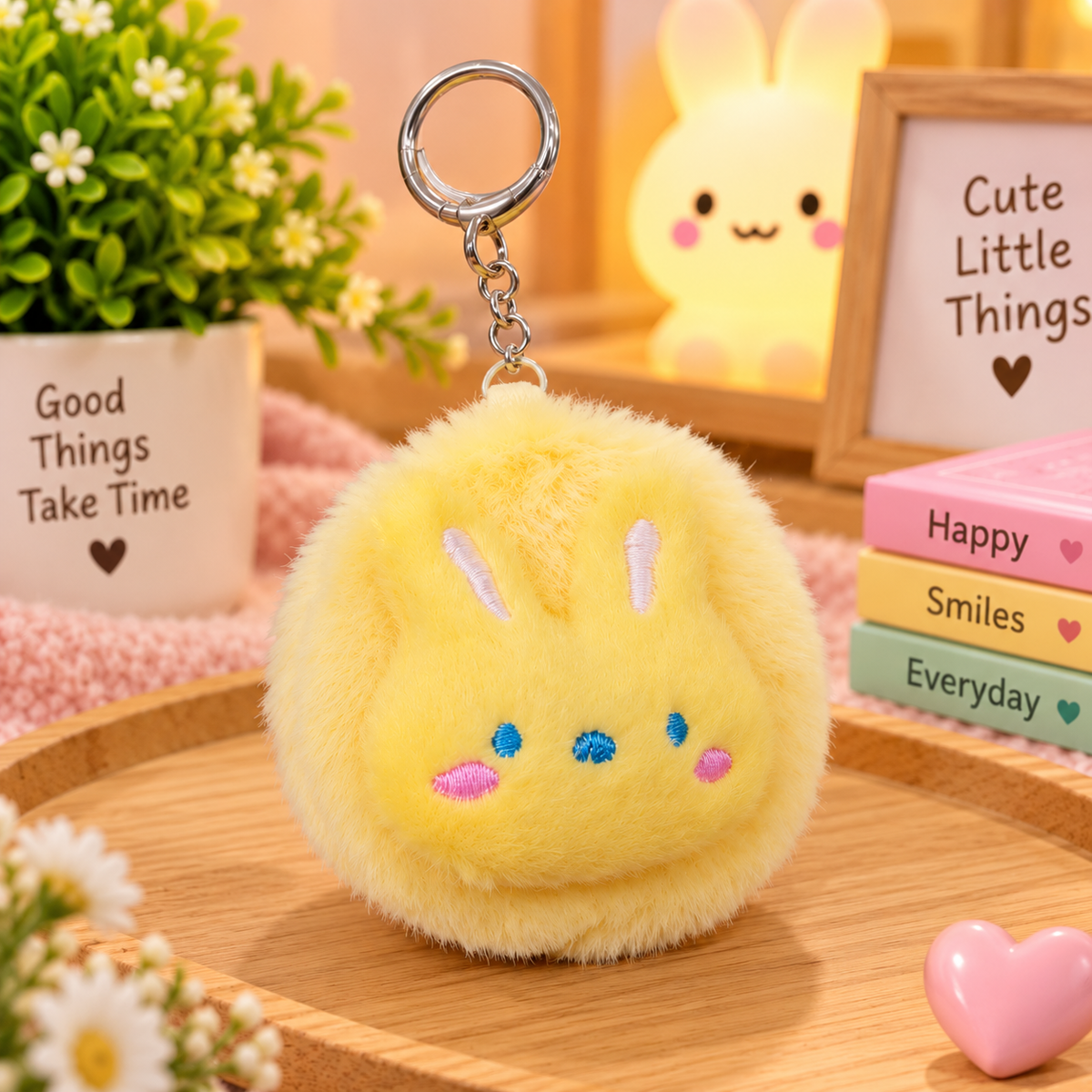 Cute Fluffy Mini Mirror Keychain β Kawaii Cartoon & Fruit Design Plush Bag Charm for Girls & Kids