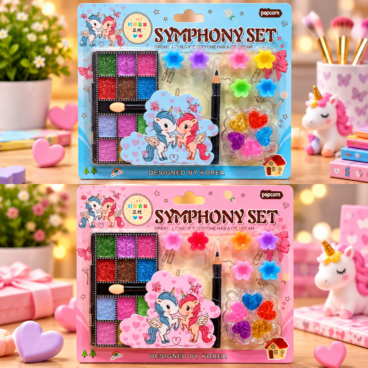 Cute Unicorn Symphony Makeup & Beauty Play Set for Kids – Colourful Glitter Palette, Flower Accessories & Heart-Shaped Glitter Set | Pink & Blue Variants