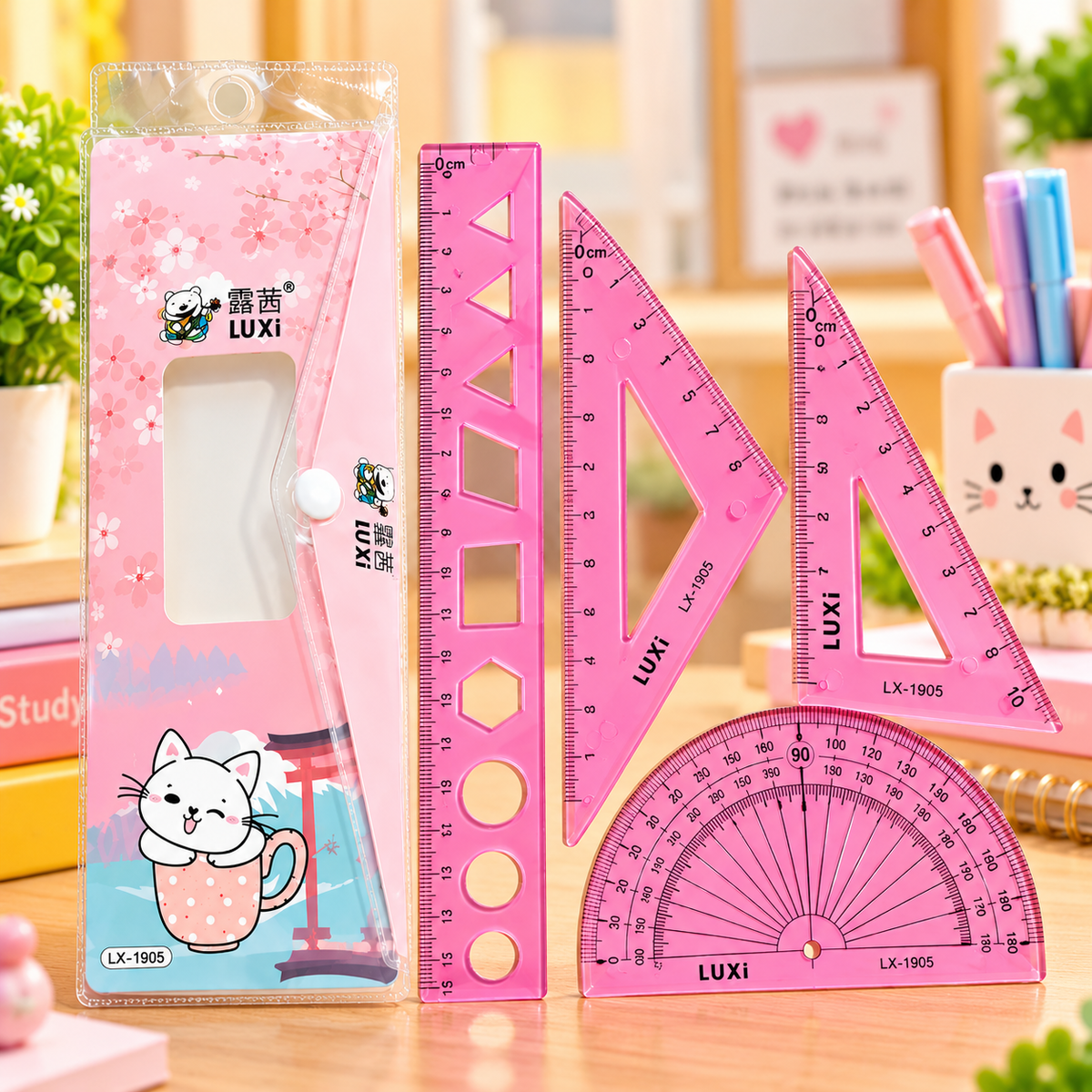 LUXI Cute Cartoon Geometry Box Set with Pouch – 4 PCS Transparent Ruler, Set Squares & Protractor | School Maths Stationery Kit for Kids – Pink, Blue & Green
