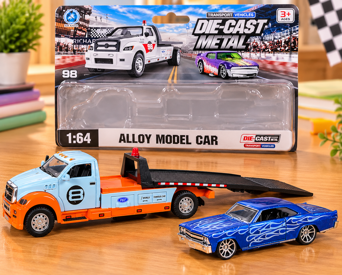 1:64 Die-Cast Metal Tow Truck with Sports Car – 2-in-1 Alloy Car Carrier & Racing Vehicle Toy Set for Kids | Transport Truck & Miniature Car Collection | Assorted Colours