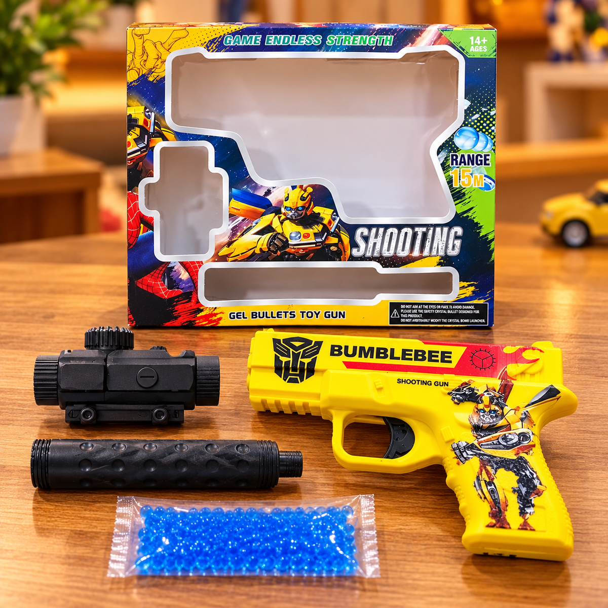 Superhero Theme Gel Bullet Toy Gun Set – Bumblebee Yellow & Captain Blue Shooting Blaster with Accessories | 15M Range | 14+ Years