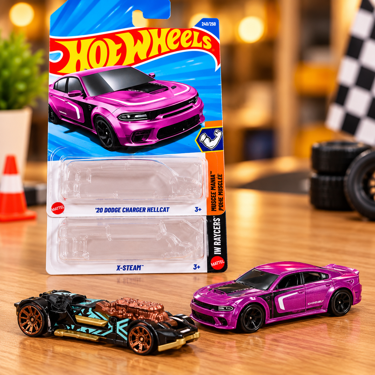 1 +1 Hot Wheels Combo – '20 Dodge Charger Hellcat & X-Steam | 2 PCS Collectible Miniature Cars | Muscle Mania & X Raycers