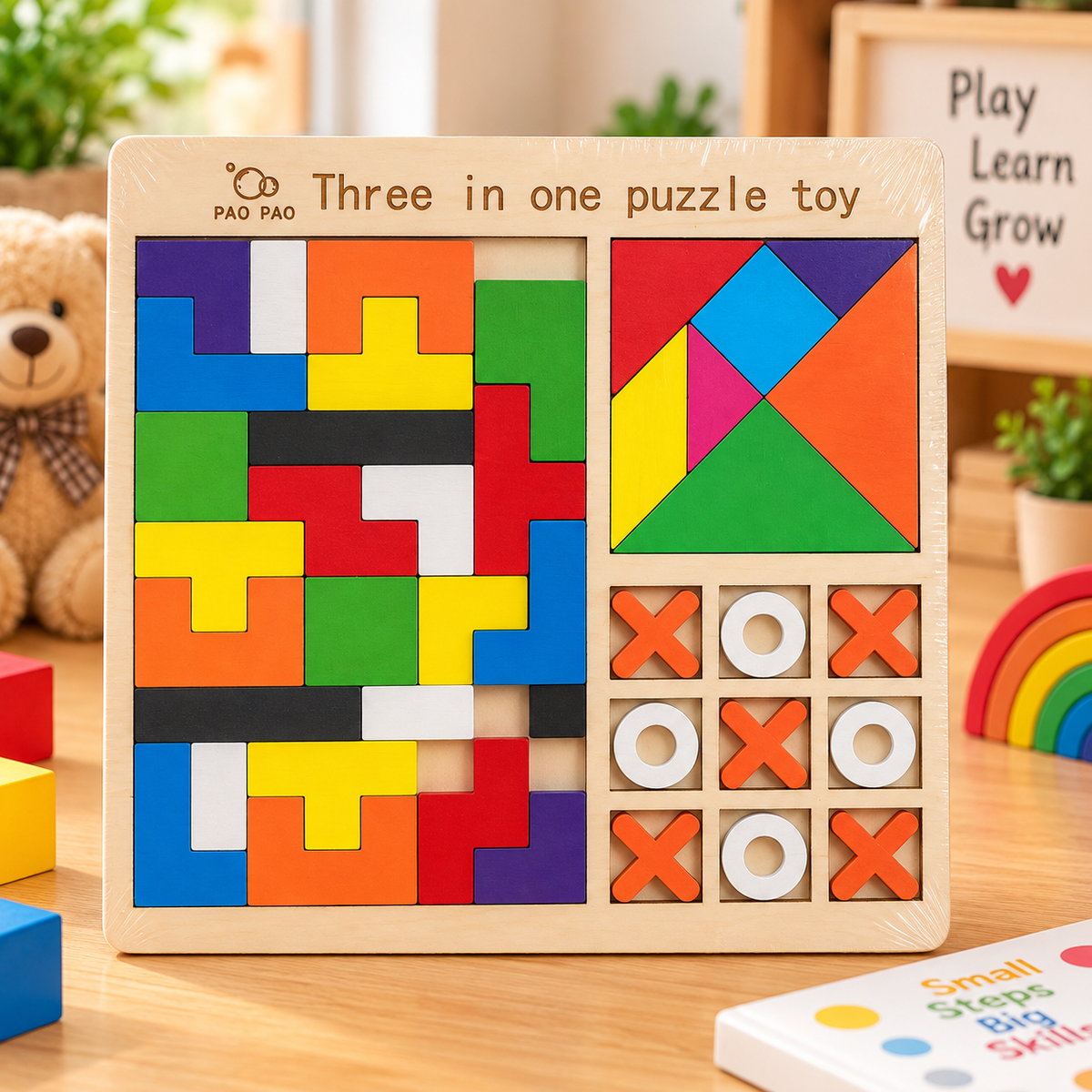 3-in-1 Wooden Puzzle Game for Kids – Colourful Block Puzzle, Tangram & Tic Tac Toe Educational Learning Toy