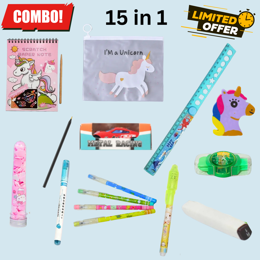 15 in 1 Combo – Return Gifts for Kids Stationery, Pouch, Marker & More 🎁✨