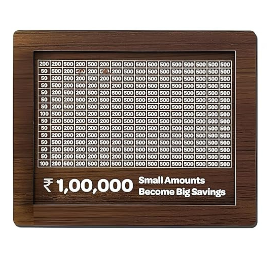 Wooden Piggy Bank with ₹1,00,000 Savings Chart – Goal Tracker Box