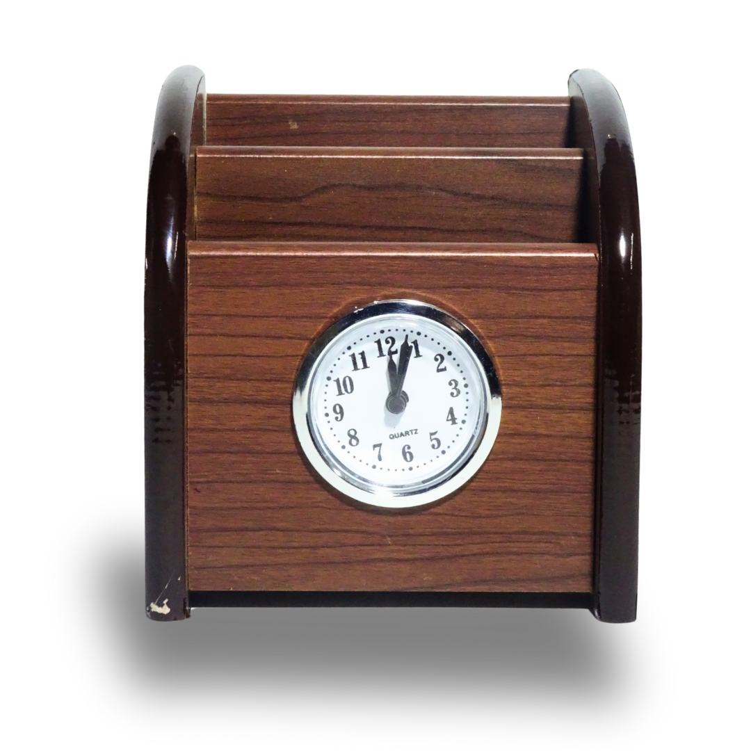 Wooden Pen Stand with Clock, Visiting Card & Mobile Holder – KidsBestie