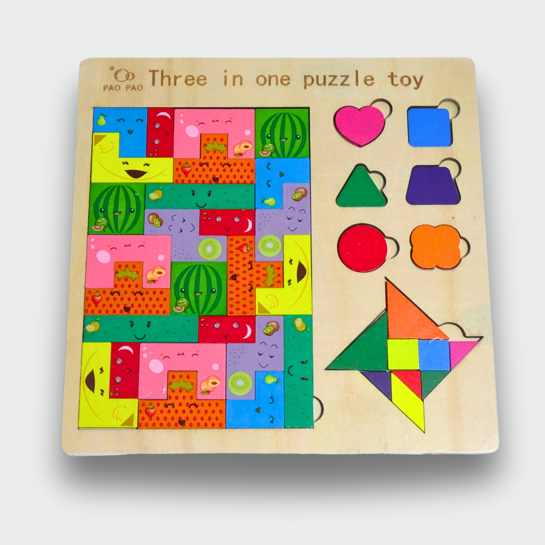 Three-in-One Puzzle with Fruits, Shapes & Puzzle Pieces – KidsBestie Learning Delight!