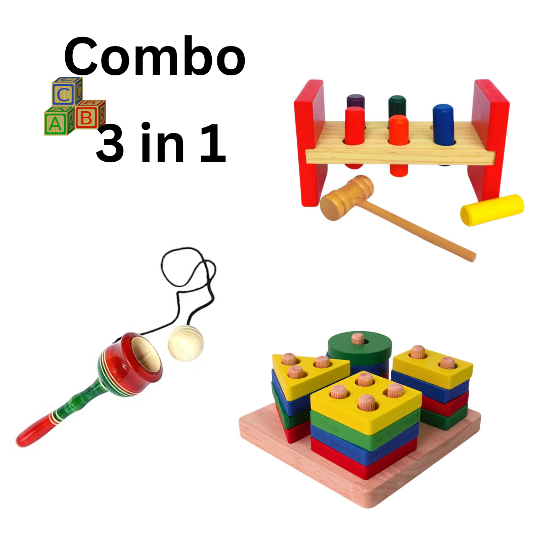 Combo of Cup and Ball, Hammer Peg and 4 Column Wooden Toys - Kidsbestie