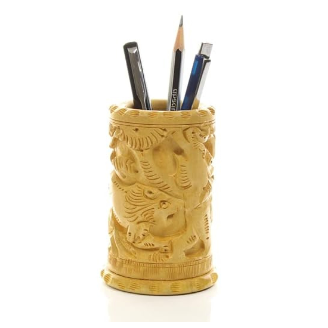 Wooden Pen Stand | Hand-Carved Elephant Design | Desk Organizer & Showpiece