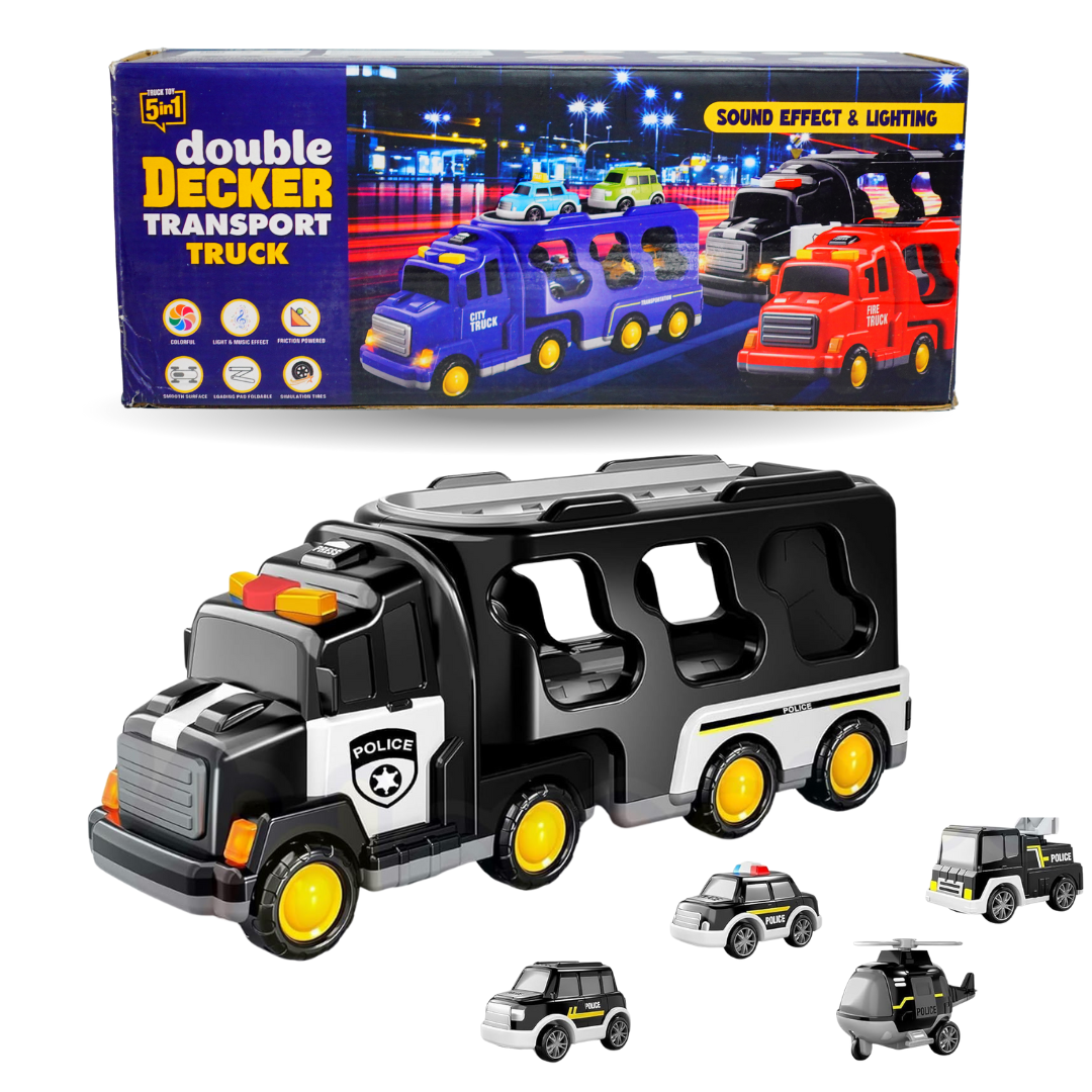 5 in 1 Double Decker Transport Truck | Carrier Truck with 4 Mini Cars Including Helicopter | Durable Vehicle Toy for Kids