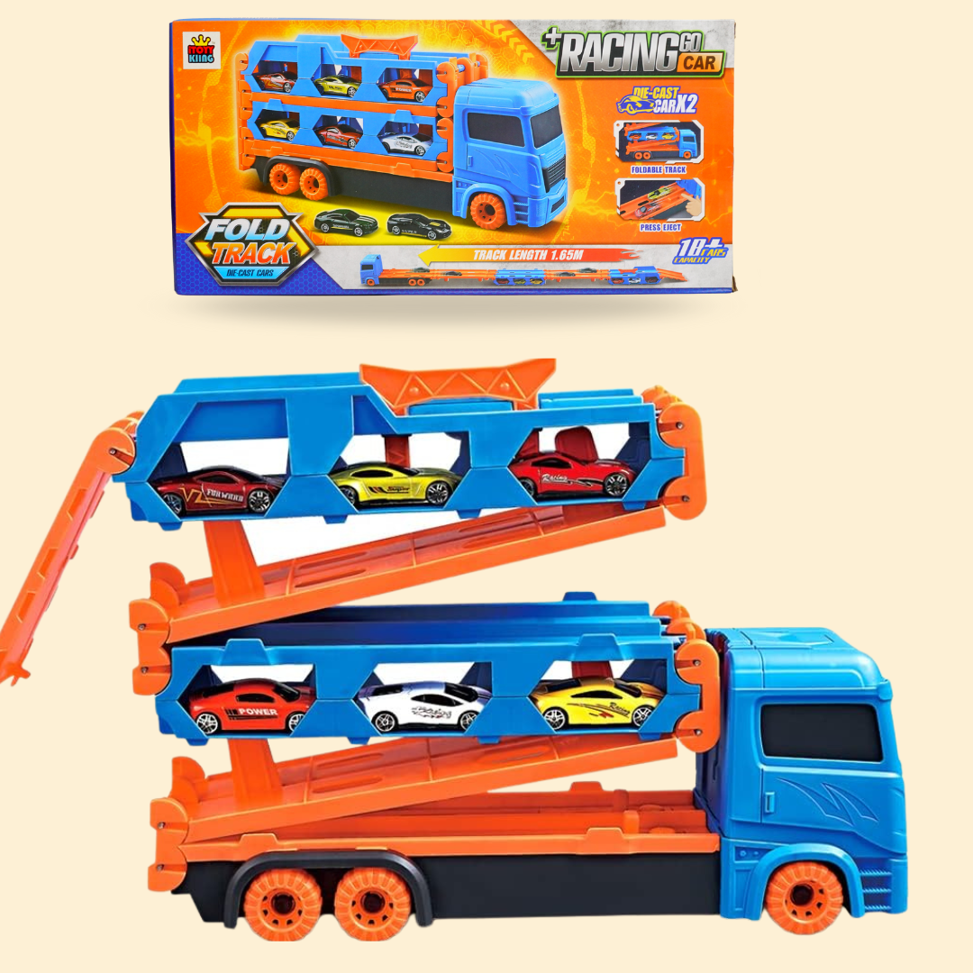 Deformable Transport Truck Toy | 2 Foldable Ejection Race Tracks | 64-inch Racing Fun for Kids