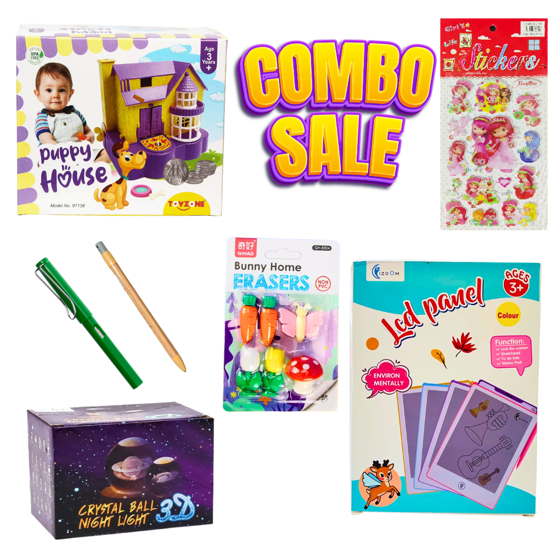 Money Bank Puppy House Combo Set for Kids | LCD Drawing Tablet with 6 Canvas Tracing Panels | Crystal Lamp USB | 2.0mm Pencil | Unlimited Pencil | Big Sticker Set | Big Eraser Set