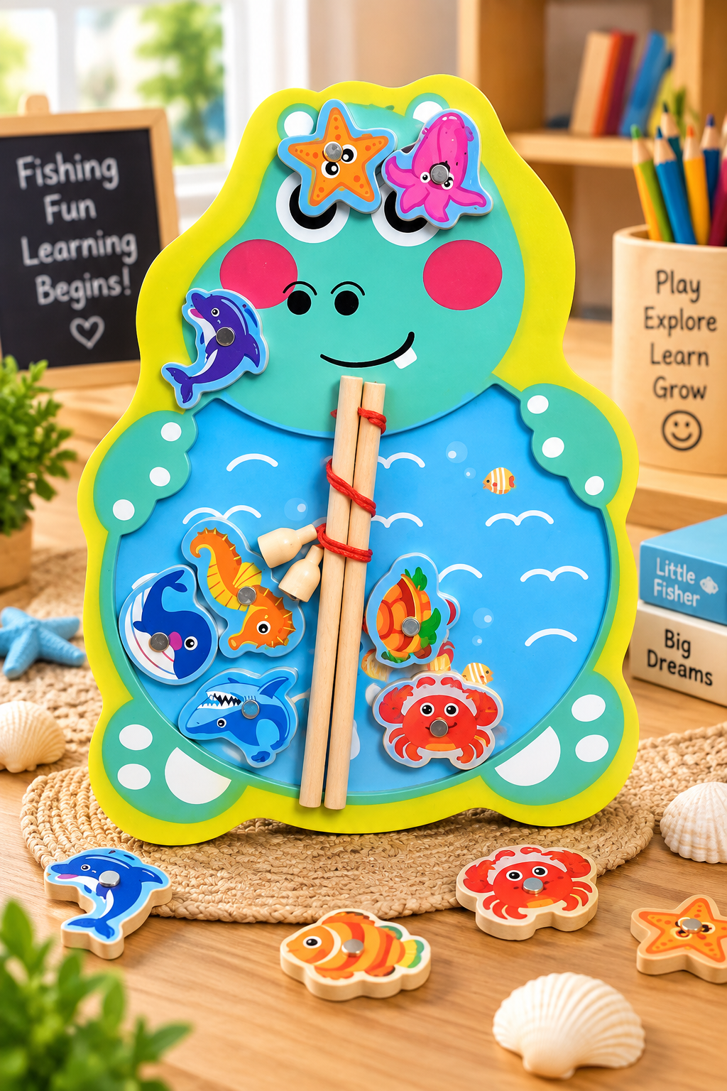 Wooden Magnetic Fishing Game for Kids – Cute Animal Theme Sea Creature Catching Puzzle with 2 Fishing Rods | Educational Learning & Fine Motor Skill Toy