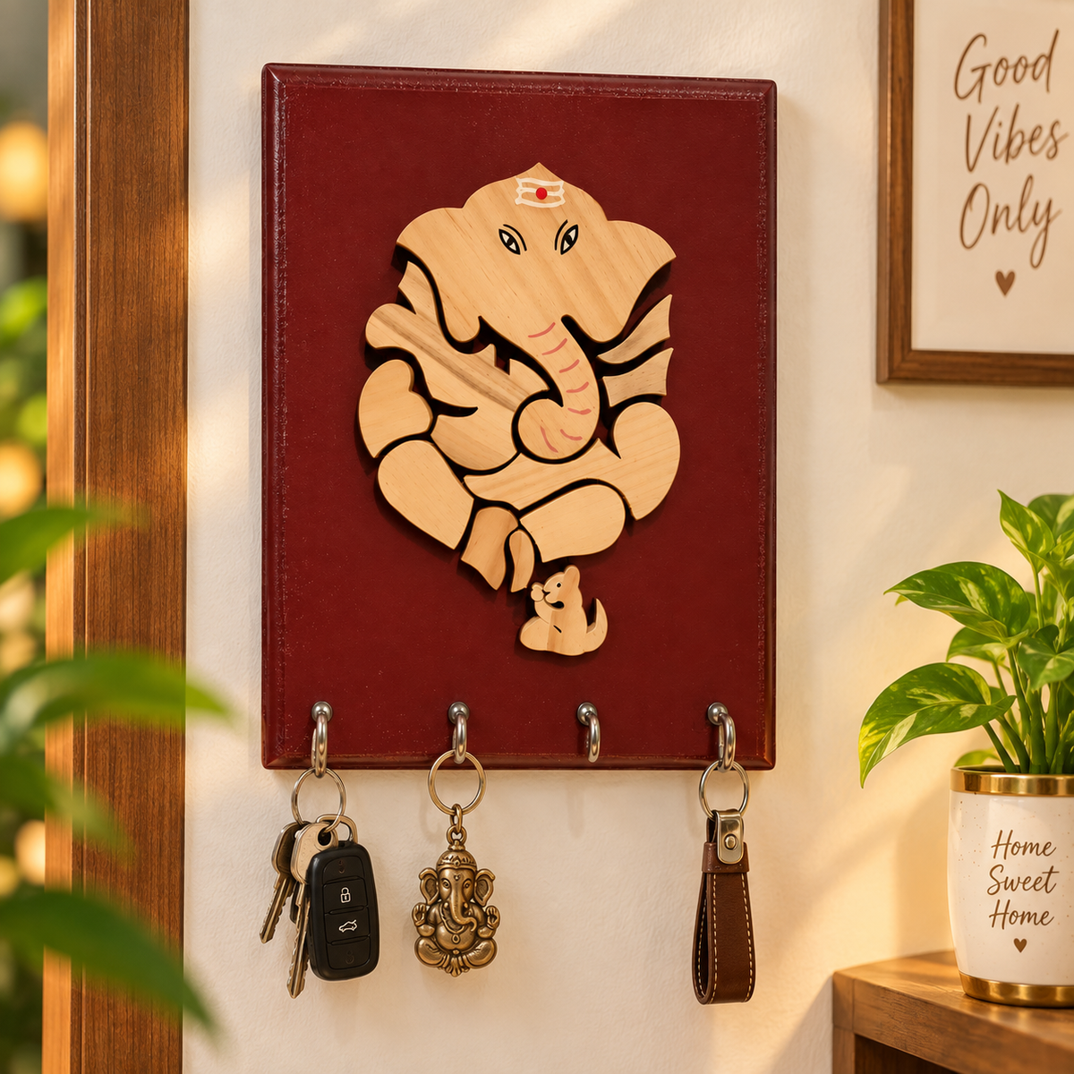Handcrafted Wooden Lord Ganesha Wall Key Holder with 4 Hooks – Decorative Ganpati Key Hanger for Home & Entrance