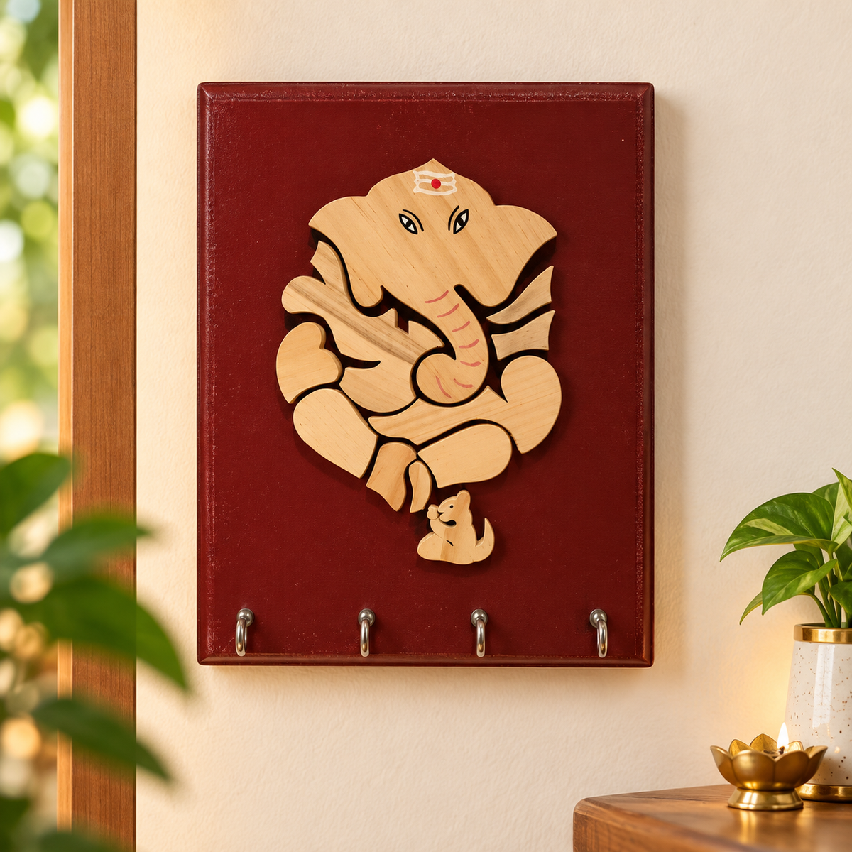 Handcrafted Wooden Lord Ganesha Wall Key Holder with 4 Hooks – Decorative Ganpati Key Hanger for Home & Entrance