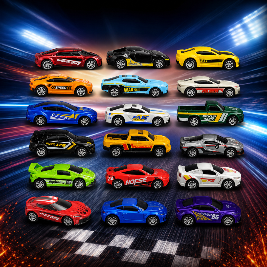 18 Pcs Die-Cast Metal Alloy Sports Car Set with Handle Crystal Case