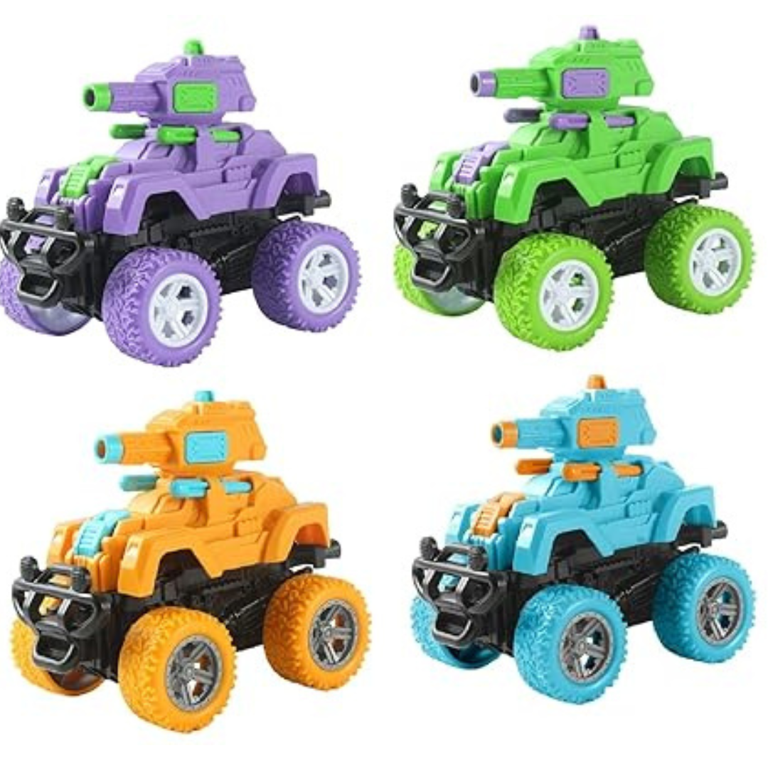 Pack of 4 | 3-in-1 Action Tank Launcher Car | 360° Stunt 4WD |