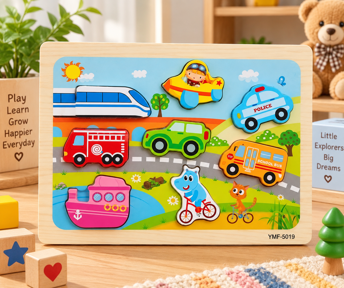 Kids Wooden Transportation Vehicle Puzzle – Colorful Educational Learning & Matching Toy