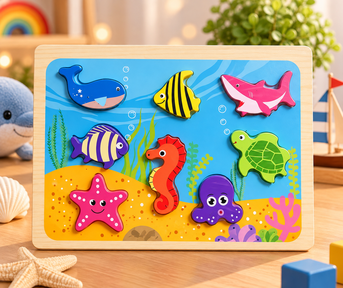 Underwater Sea Animals Wooden Chunky Puzzle for Kids – Ocean Life Early Learning Educational Puzzle Toy