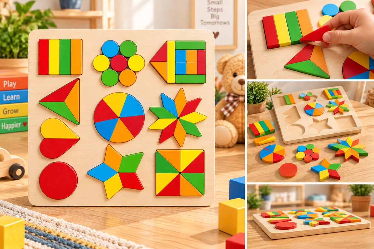 Colorful Wooden Geometric Shape Puzzle & Pattern Building Board for Kids – Early Learning Montessori Educational Toy