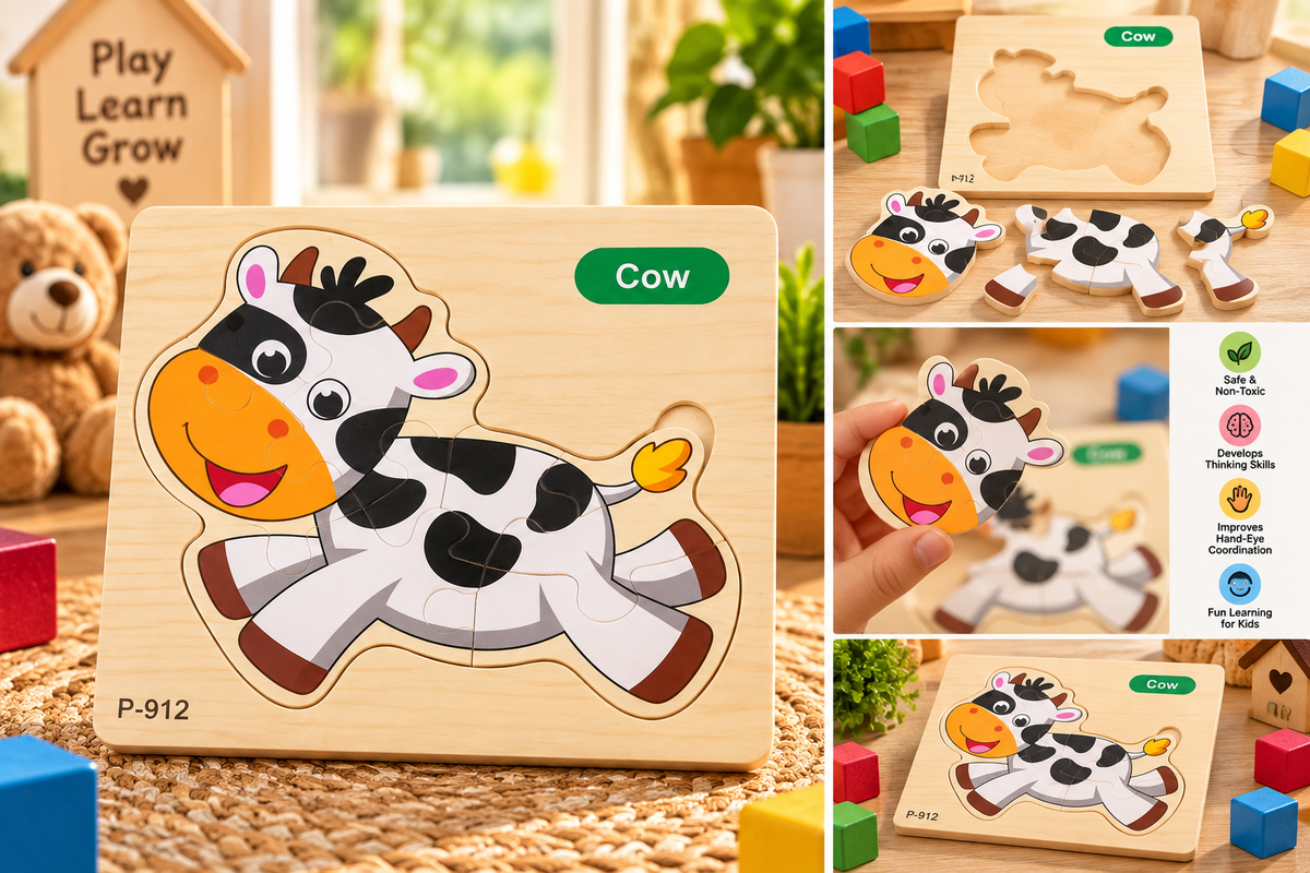Kids Wooden Cow Jigsaw Puzzle – Educational Animal Learning Puzzle for Toddlers & Kids