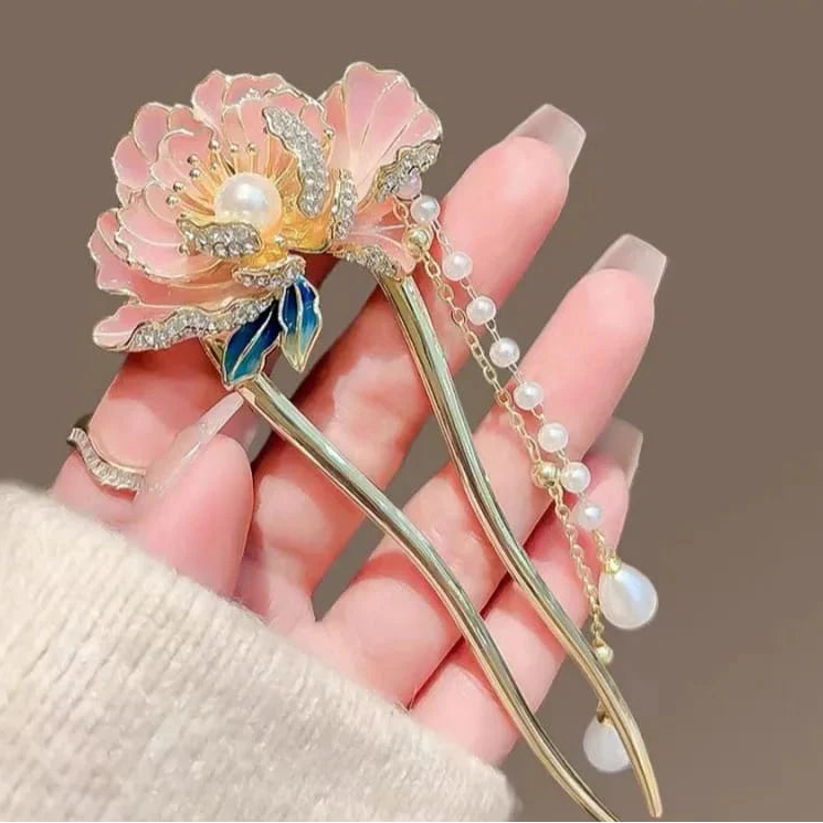 Korean Elegant Floral Pearl Hair Pin with Dangling Tassels | Gold Finish Decorative Hair Accessory