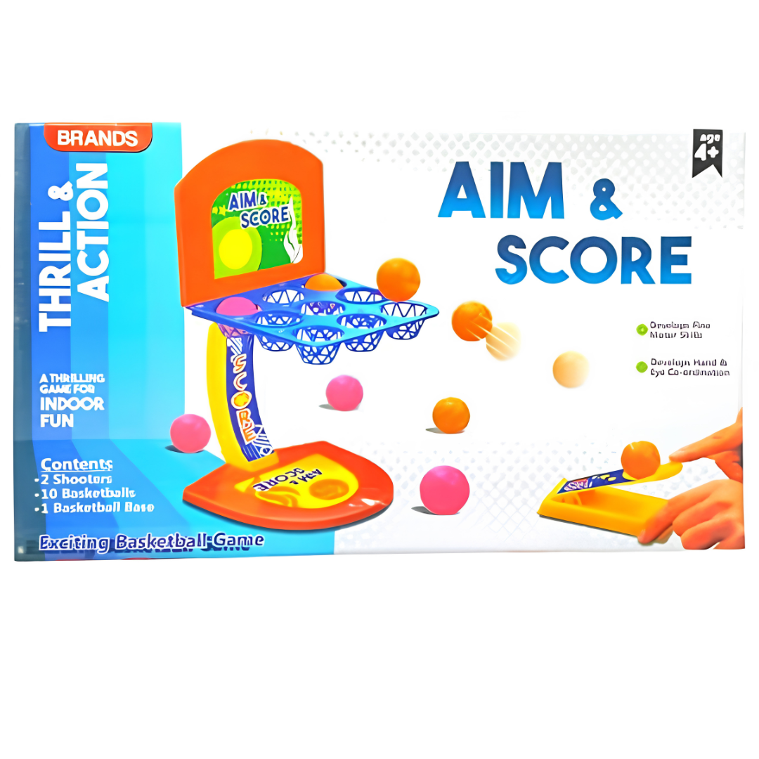 Aim and Score product contents typically feature 1.basket ball, 2. Plastic shooters