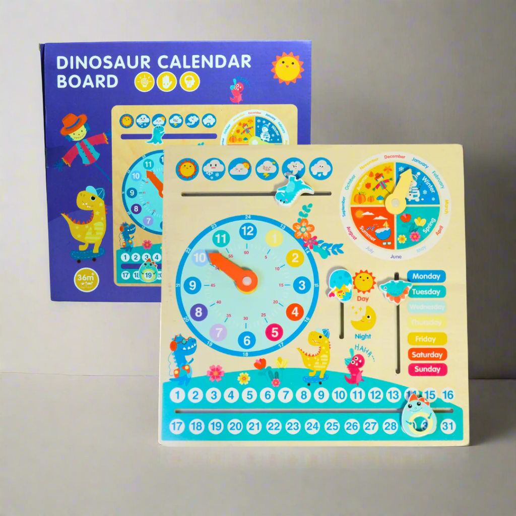 Kidsbestie-All in One Wooden Dinosaur Calendar Board