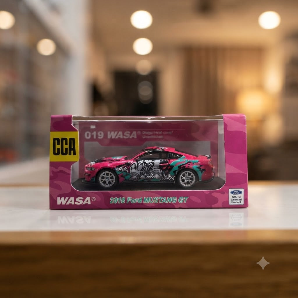 CCA 2018 Ford Mustang GT 1:64 Scale Diecast Model in Pink Camo Display Box