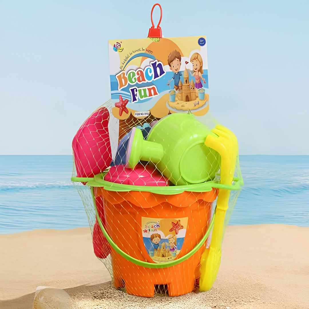 Beach Sand Toy Set for Kids – 6 Piece Colorful Beach Play Kit with Bucket, Shovel, Rake & Sea Animal Molds