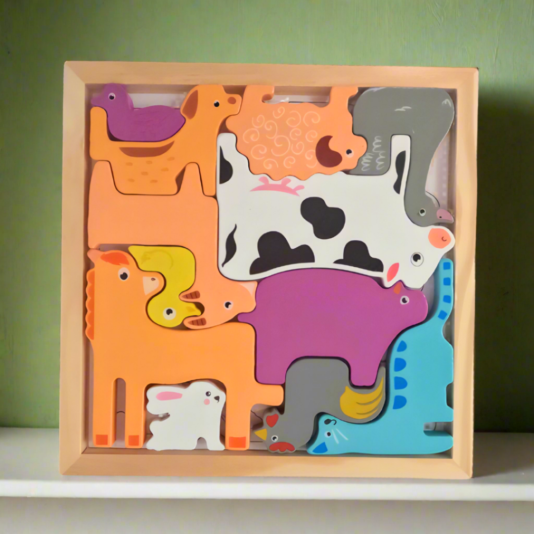 Wooden Stacking Sorting Jigsaw Puzzle Animal Puzzle(Square) for Kids Montessori Knowledgeable Toys for Boys and Girls