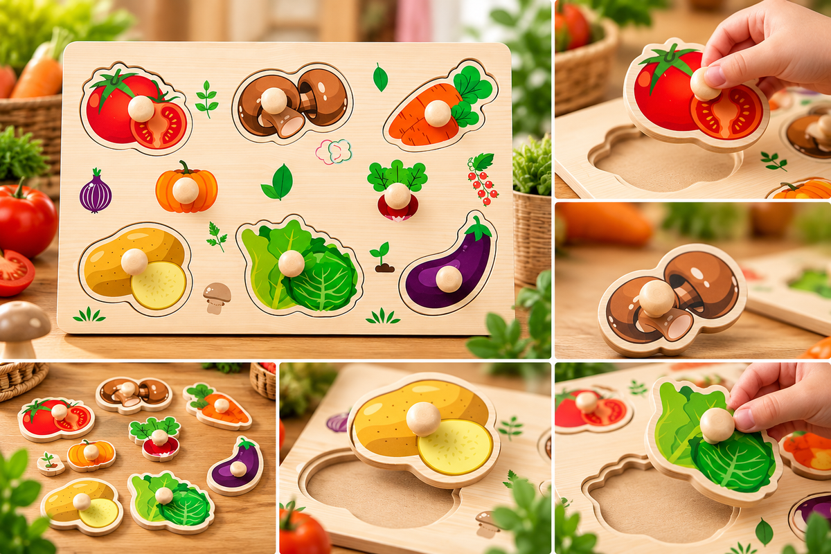 Wooden Vegetable Knob Puzzle for Kids – Vegetable Recognition & Early Learning Montessori Puzzle Toy