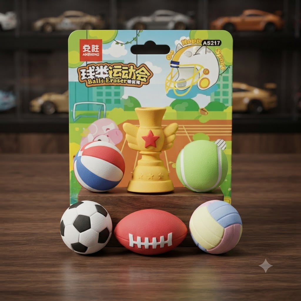 Sports Ball Eraser Set with Trophy Holder & Sports Mat Desk Organizer