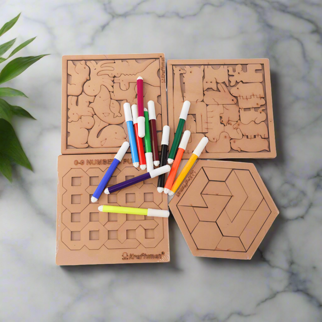 COMBO OF 4 Kraftsman Colouring Animal Puzzles/Layered Puzzle for Kids | Color Kit Included with Random Design - Kids Bestie