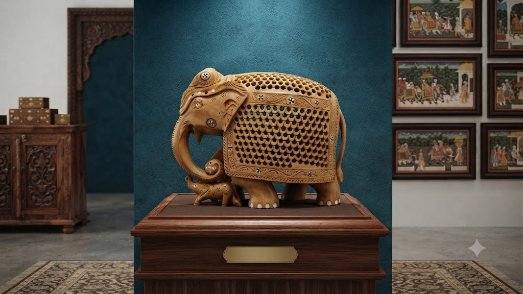Hand-Carved Wooden Jaipuri Elephant Showpiece with Baby Elephant Carving and Intricate Jali Work