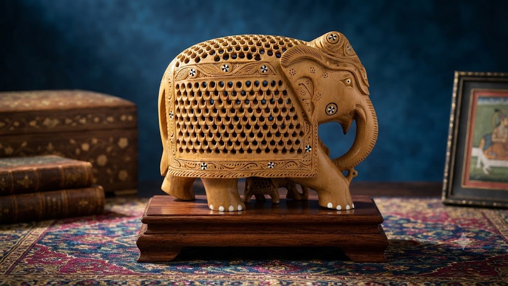 Hand-Carved Wooden Jaipuri Elephant Showpiece with Baby Elephant Carving and Intricate Jali Work