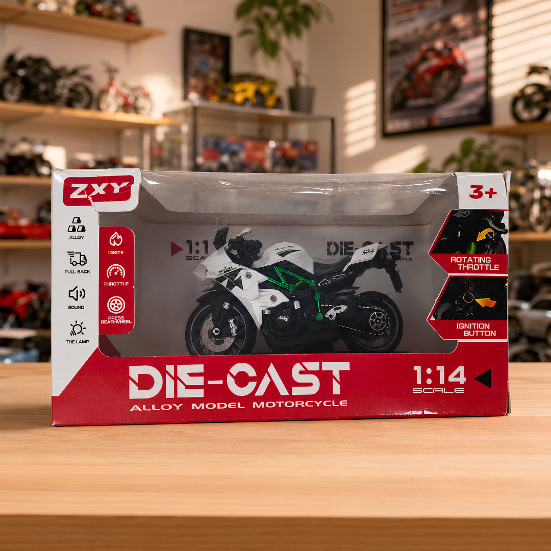 1:14 Die-Cast Pull-Back Motorcycle with Light & Sound – White