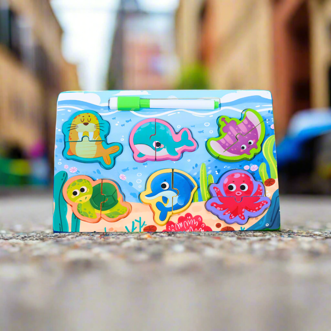 Marine Animals/ vehicles/ vegetables with whiteboard & marker pen- Random Design will be send - Kids Bestie