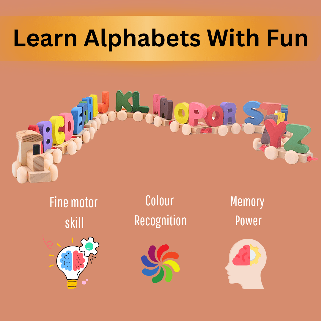 Wooden Alphabet Letters Train A-Z English Vocabulary Building Train Set Early Educational Toys Kids 2+ Years for Boys & Girls AZ Pack of Multi Color - Kids Bestie
