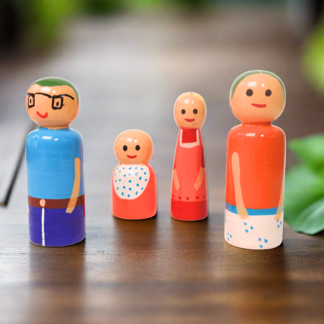 Multicultural Peg Dolls Wooden Set Of Family Dolls, Decorative