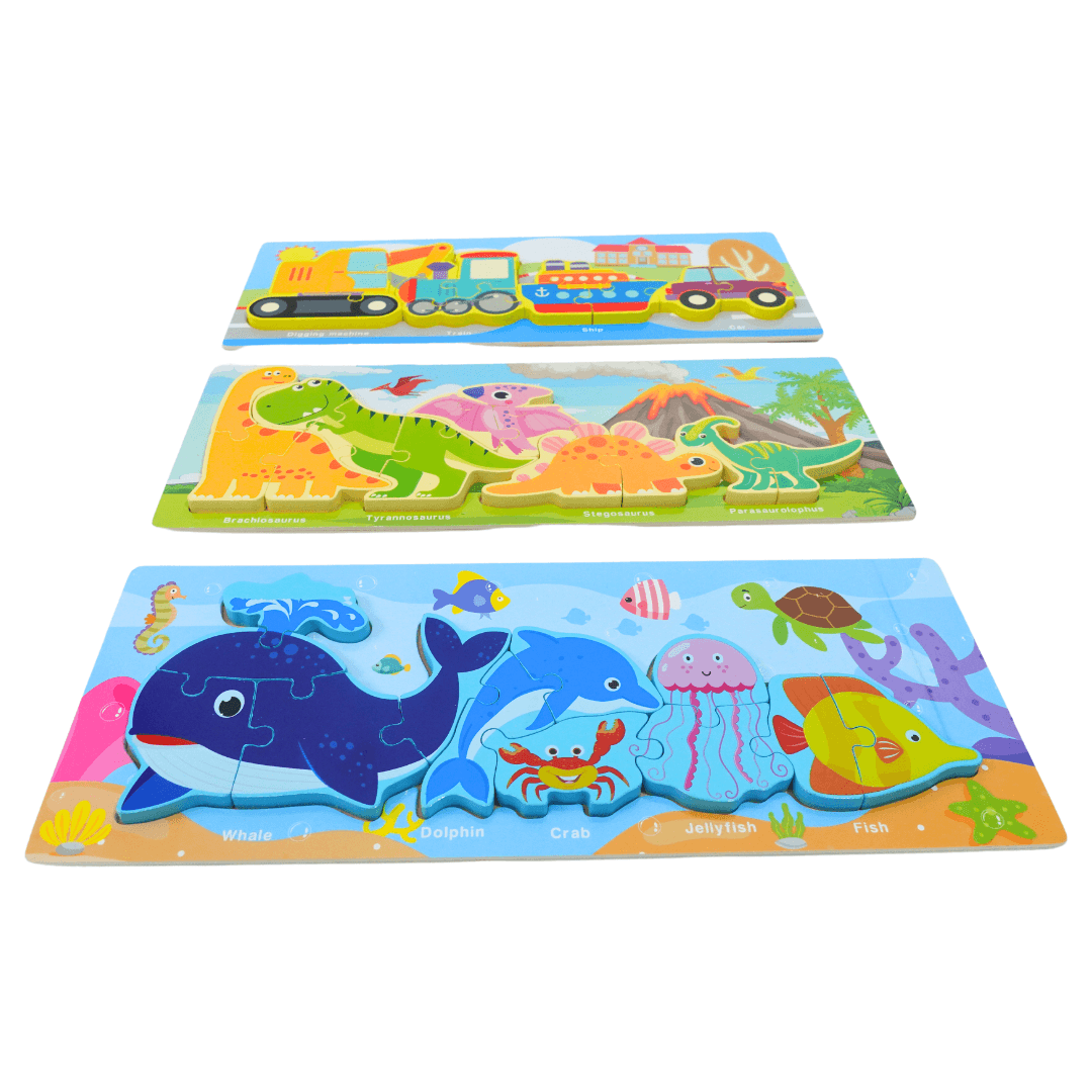 1 Wooden Vehicles/ Animals/ Dino Puzzles with Names (Random design will be send) - Kids Bestie