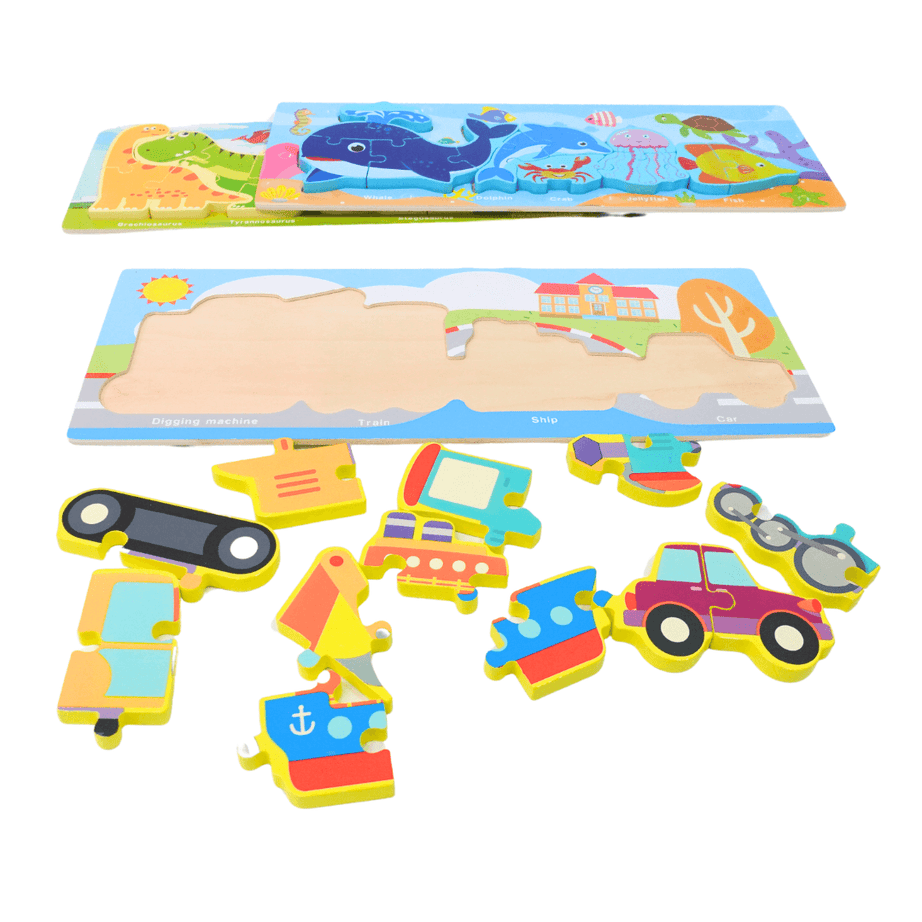 1 Wooden Vehicles/ Animals/ Dino Puzzles with Names (Random design will be send) - Kids Bestie